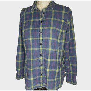 Orvis Women's sz M Plaid Long Sleeve Shirt Classic w Side Pocket Blue Yellow